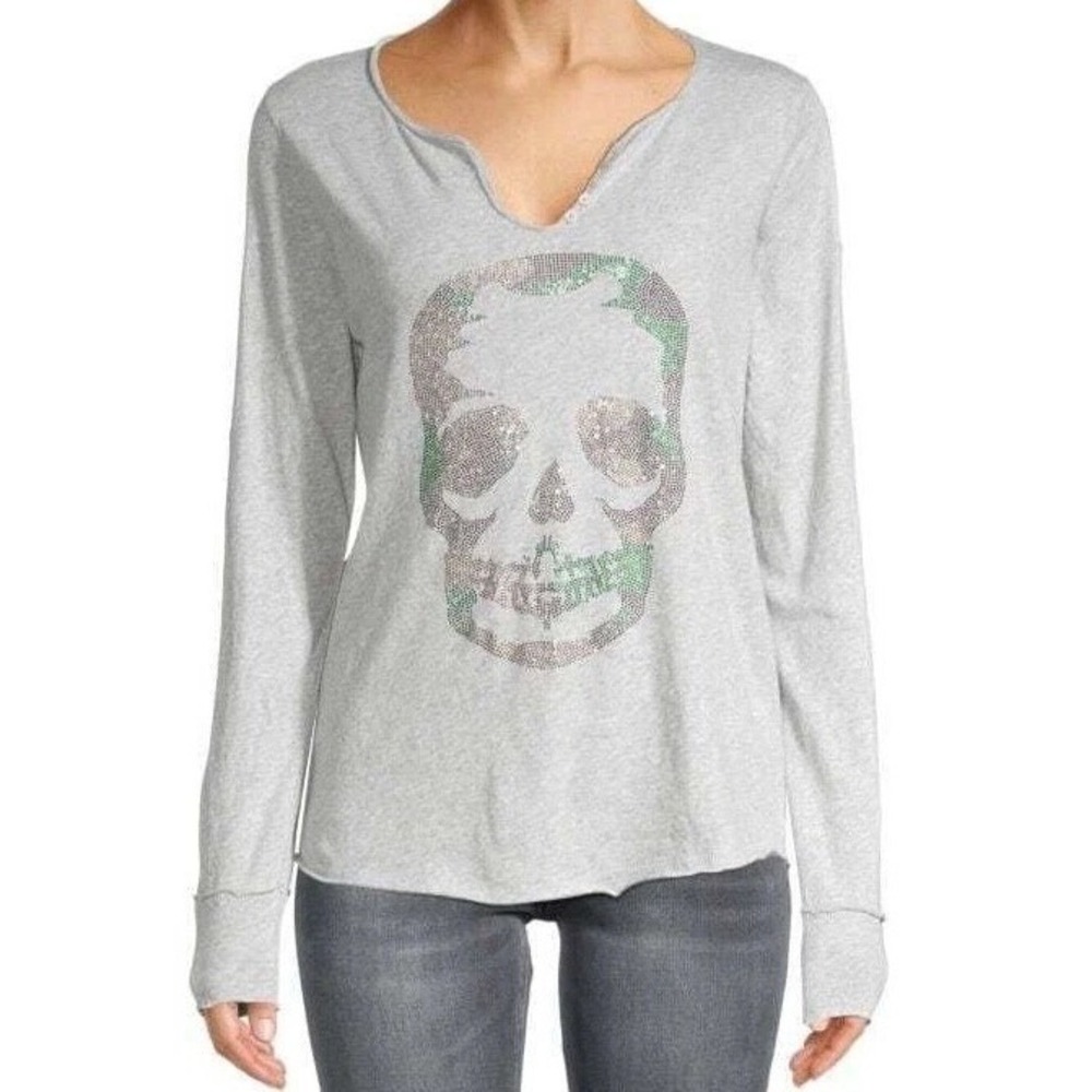 ZADZIG & VOLTAIRE Gray Tunisien Camo Skull Embellished Top Womens S Rhinestone